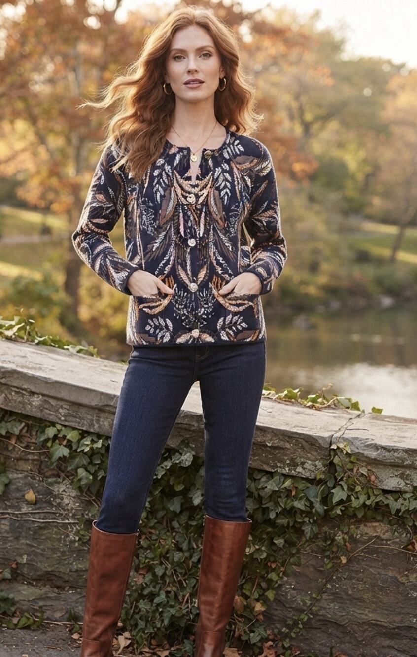 Tahari Navy Leaves Cardigan Jacket Sz L Patch Pockets Gold Buttons Cozy Grandma